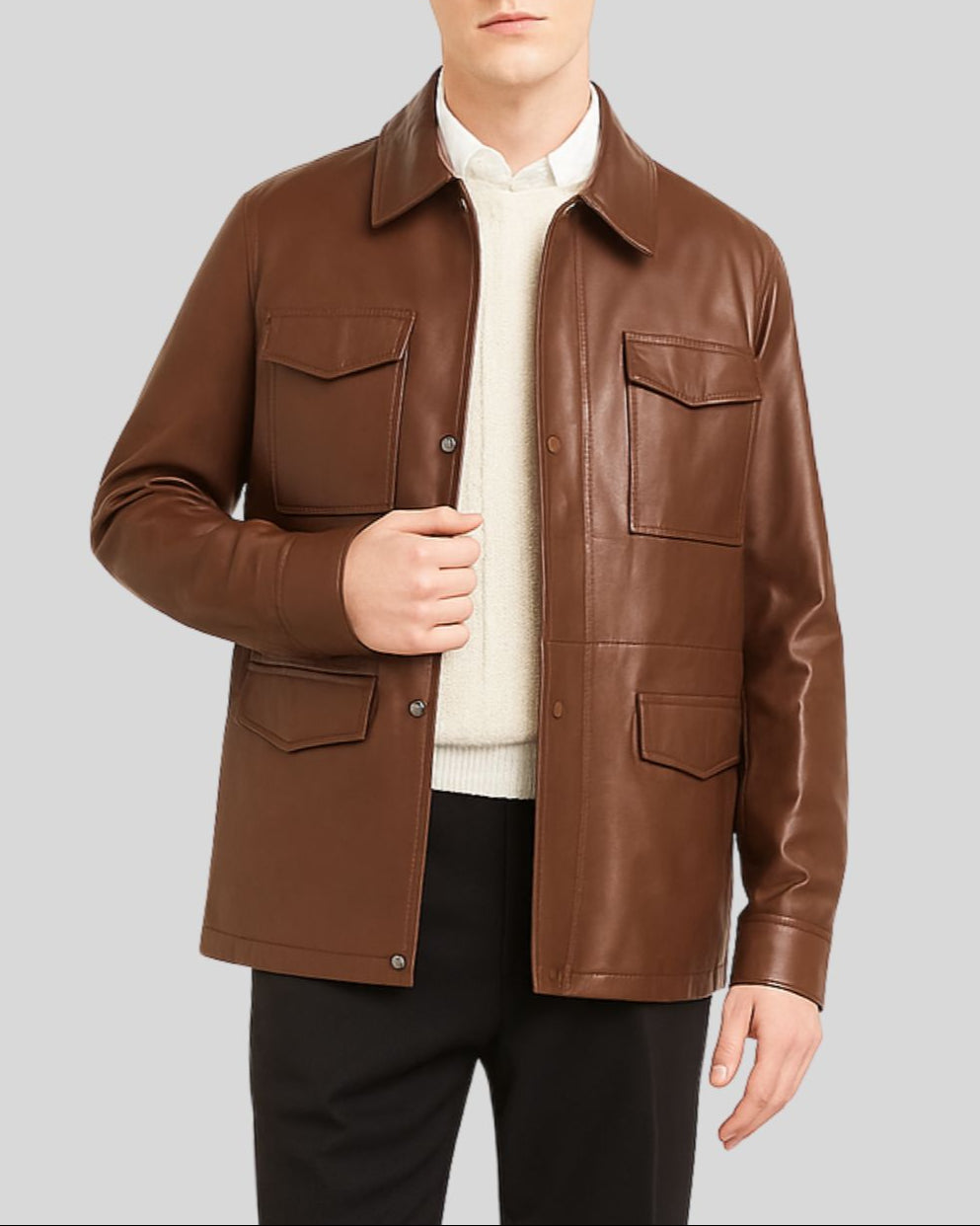 Close-up front of the brown leather utility jacket with flap pockets
