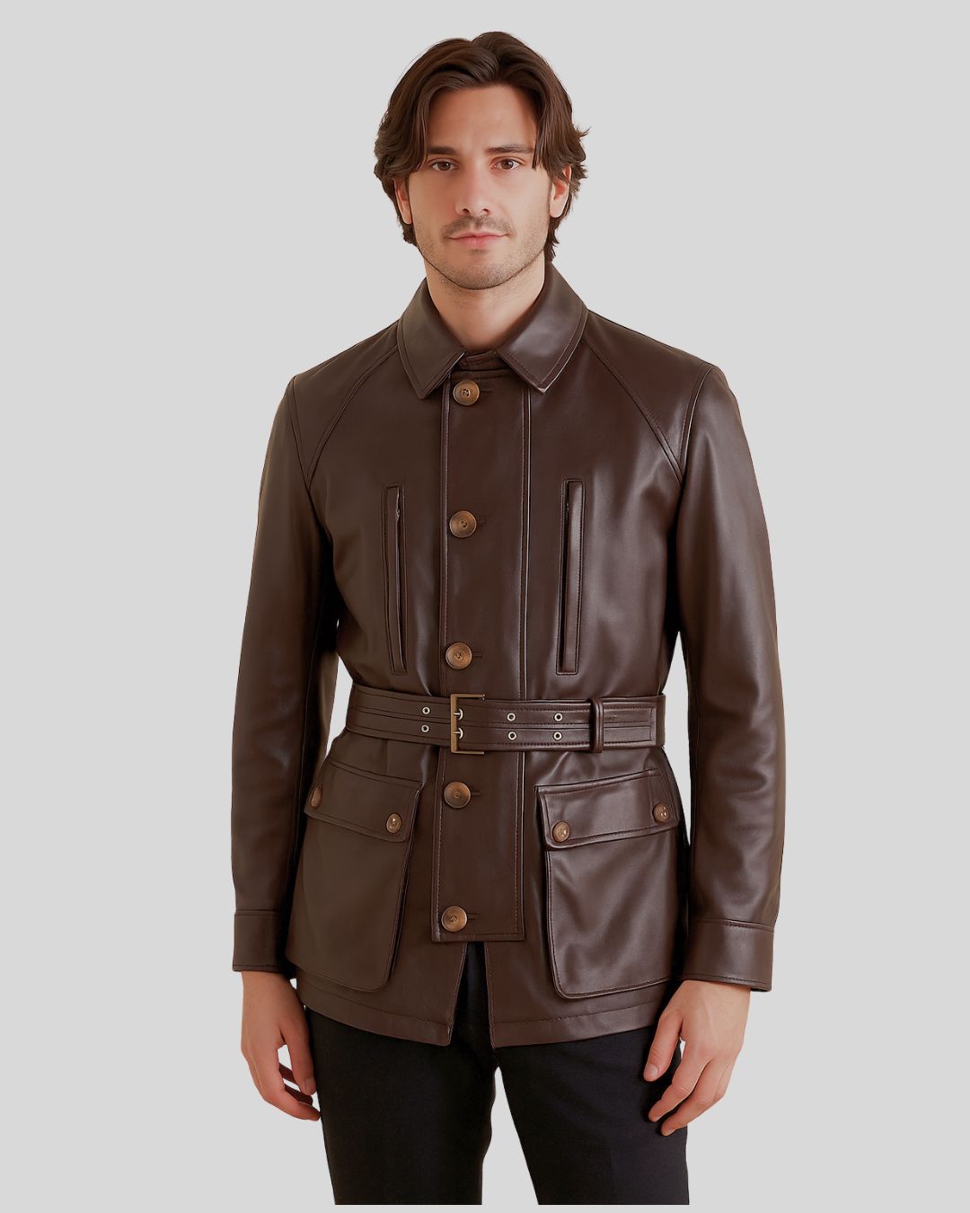 Man in chocolate safari coat – close-up of collar and chest pockets