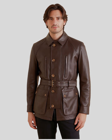Man in chocolate safari coat – close-up of collar and chest pockets