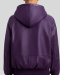 Zoom-in of hood seam on purple leather jacket