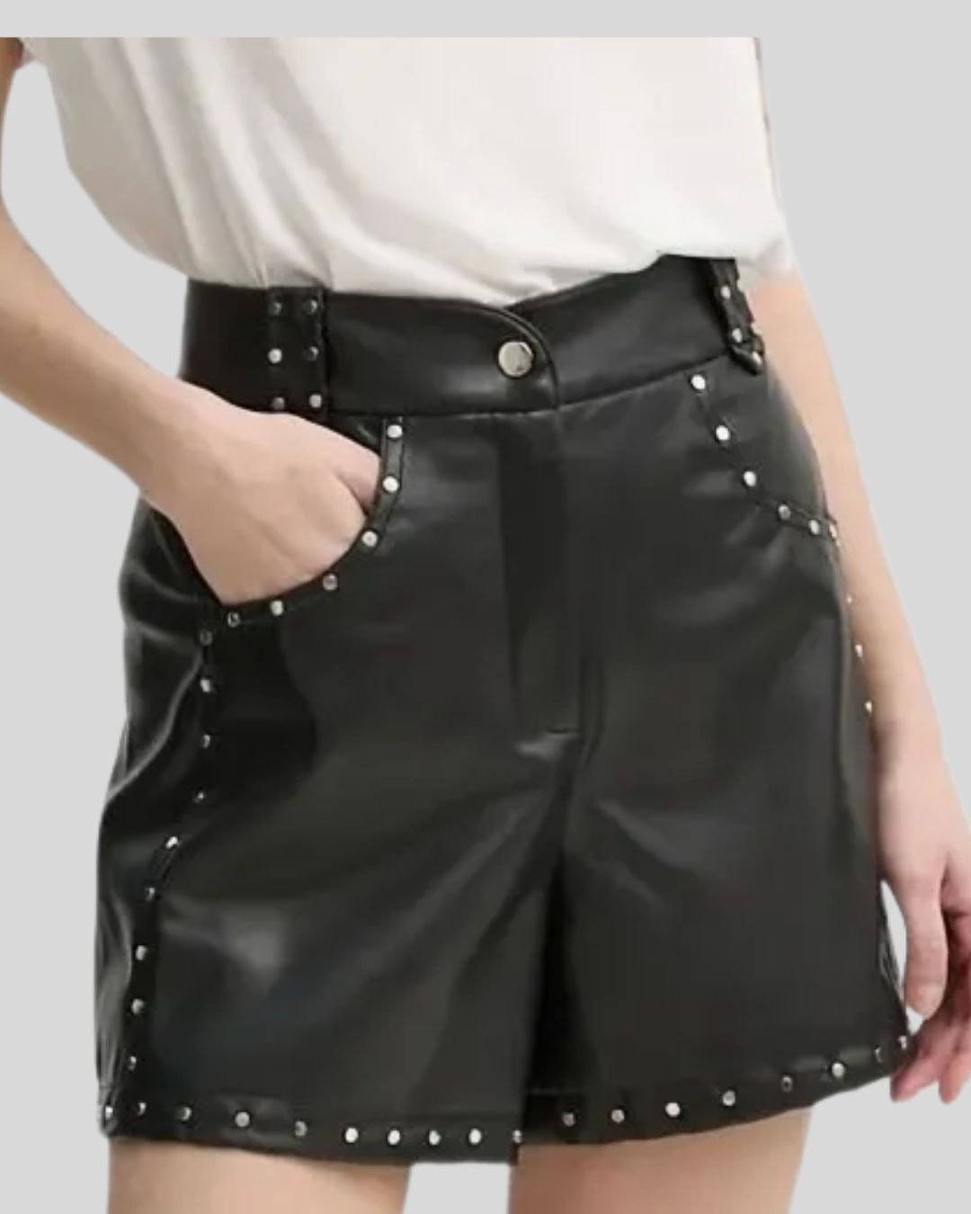 close-up high waisted pleated black leather shorts