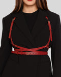 Red Leather Harness Close-Up – Strap and Buckle Detail