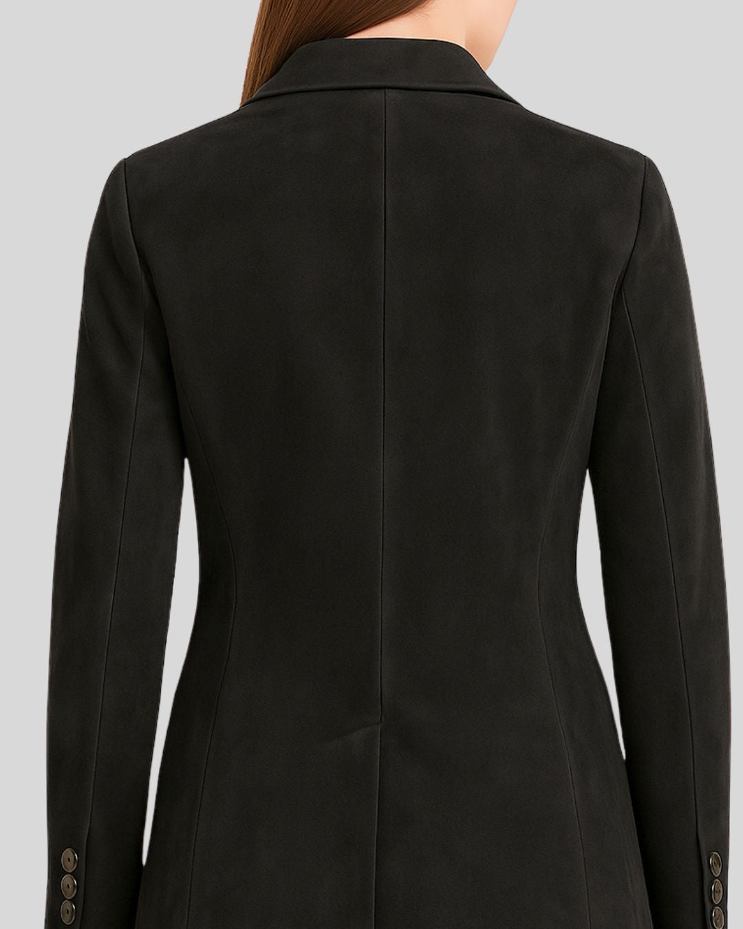 Close Up View Of Back Black Suede Coat For Women