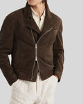 brown suede leather biker jacket front view – Cocoa Cruise Moto Jacket