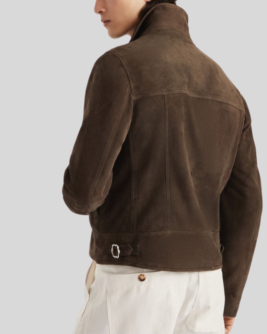 brown suede leather biker jacket front view – Cocoa Cruise Moto Jacket