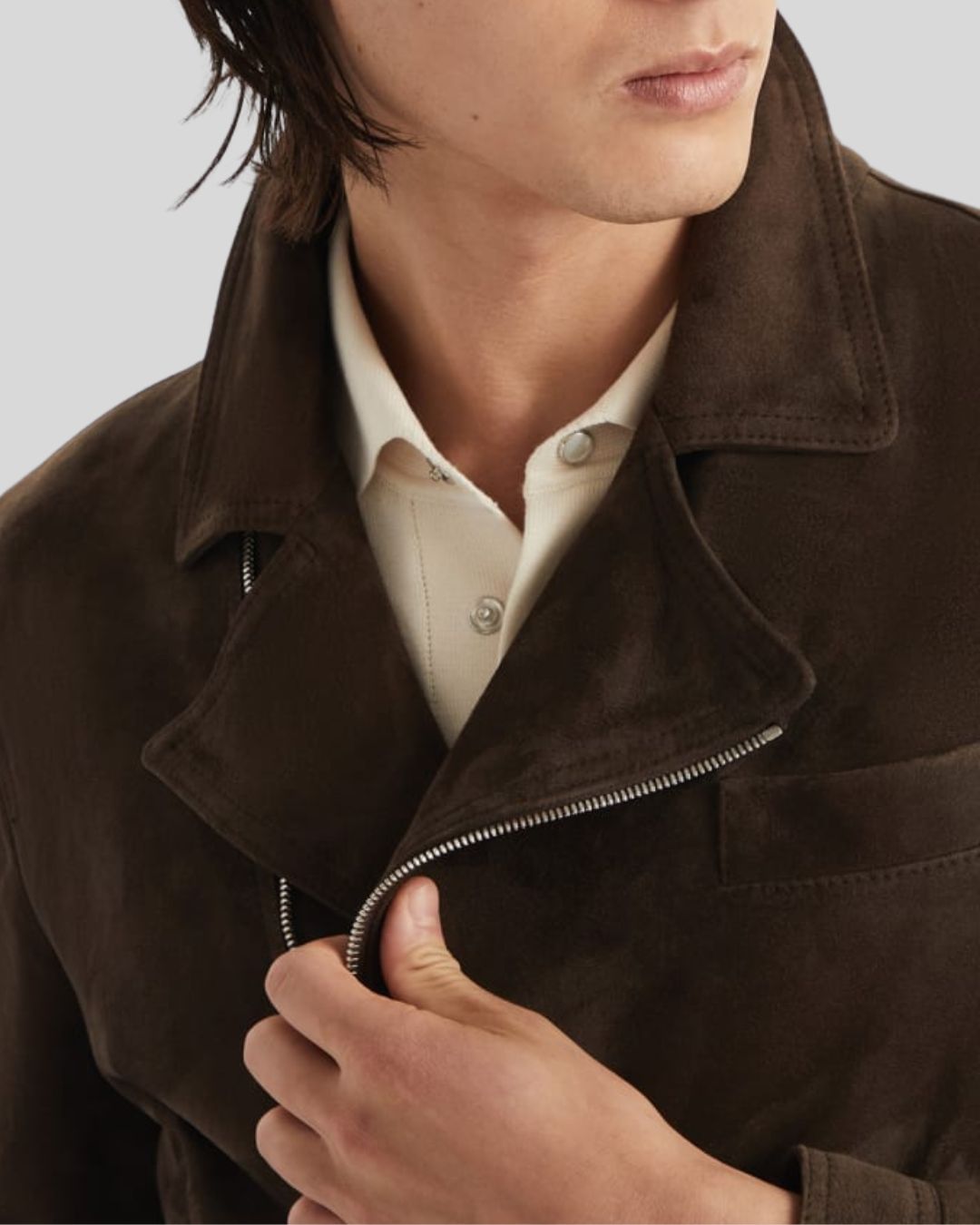 collar close-up of brown suede leather biker jacket – Cocoa Cruise
