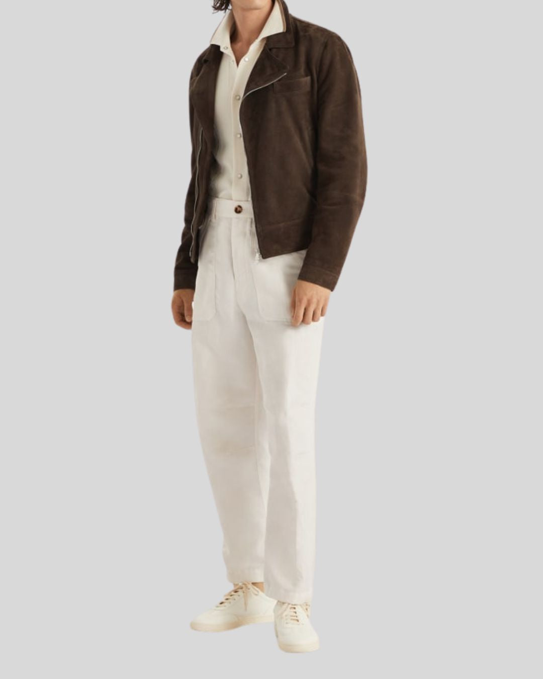 brown suede leather biker jacket front view – Cocoa Cruise Moto Jacket