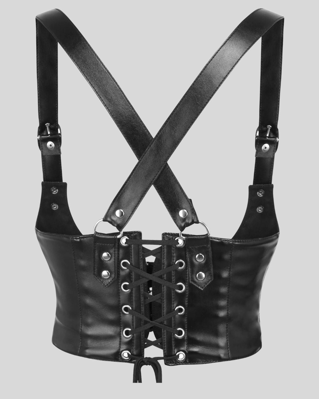 black leather corset harness with double buckle closure and silver rivets