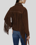 Back of brown suede fringe jacket with long asymmetric fringe