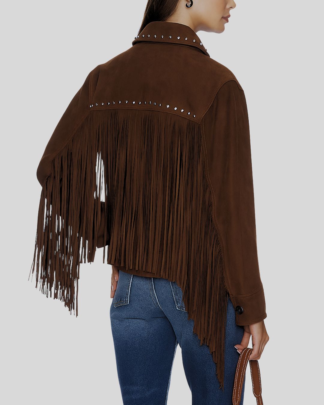 Back of brown suede fringe jacket with long asymmetric fringe