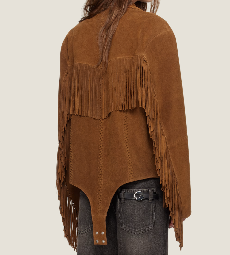  Front view of cowgirl fringe suede jacket in brown with silver snap buttons and sculpted hem