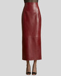 front profile of long burgundy leather skirt