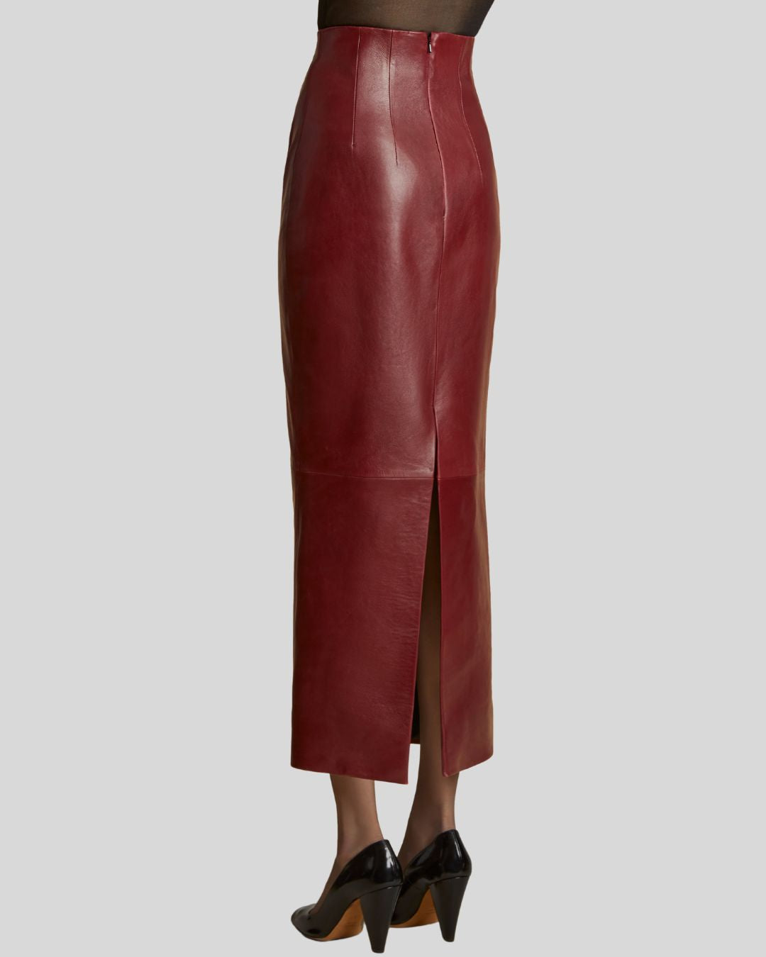 front view of burgundy leather skirt for womens