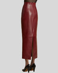 back slit view of burgundy leather skirt for womens