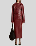 front view of burgundy leather skirt for womens