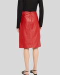 back view of womens red leather skirt high waisted
