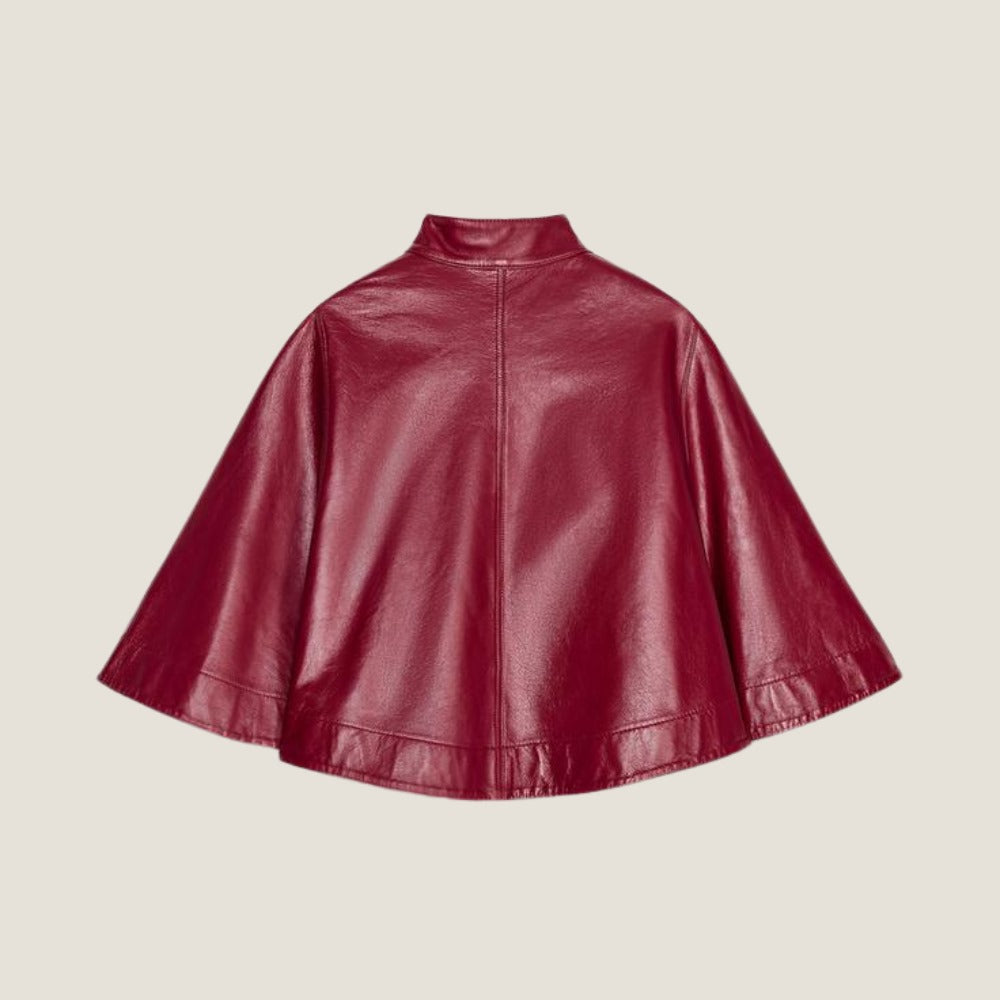 front view of red leather capelet poncho