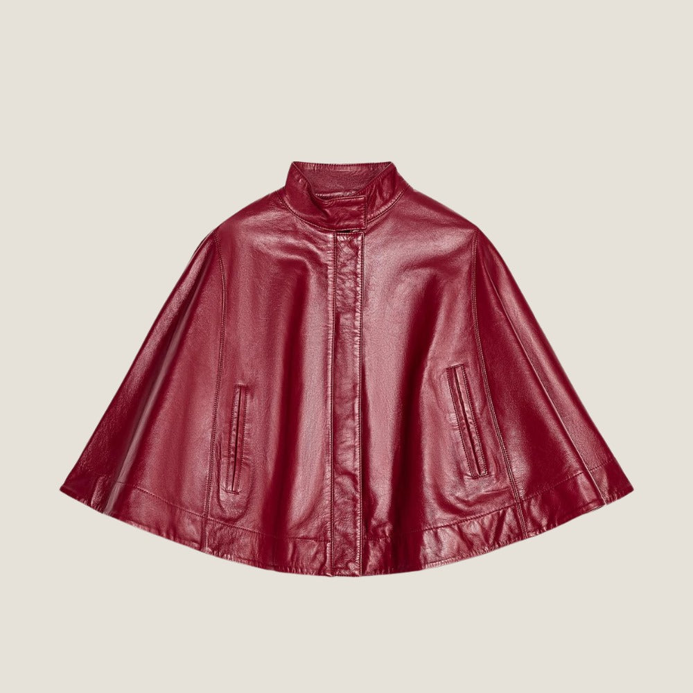 front view of red leather capelet poncho