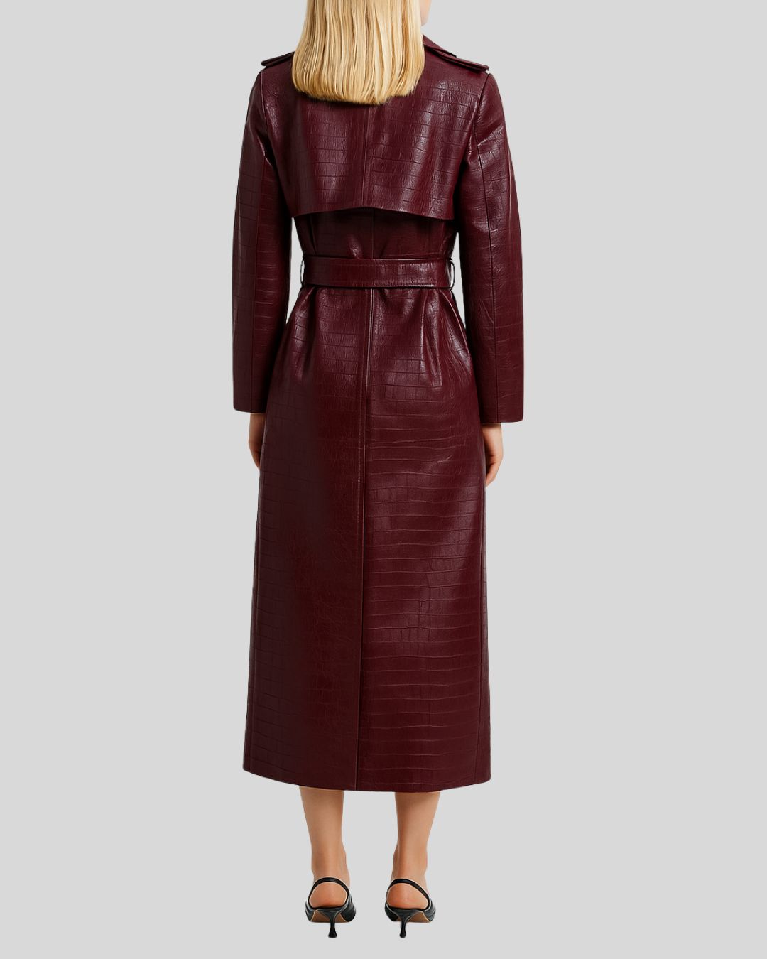 Back view of croc embossed burgundy leather trench coat