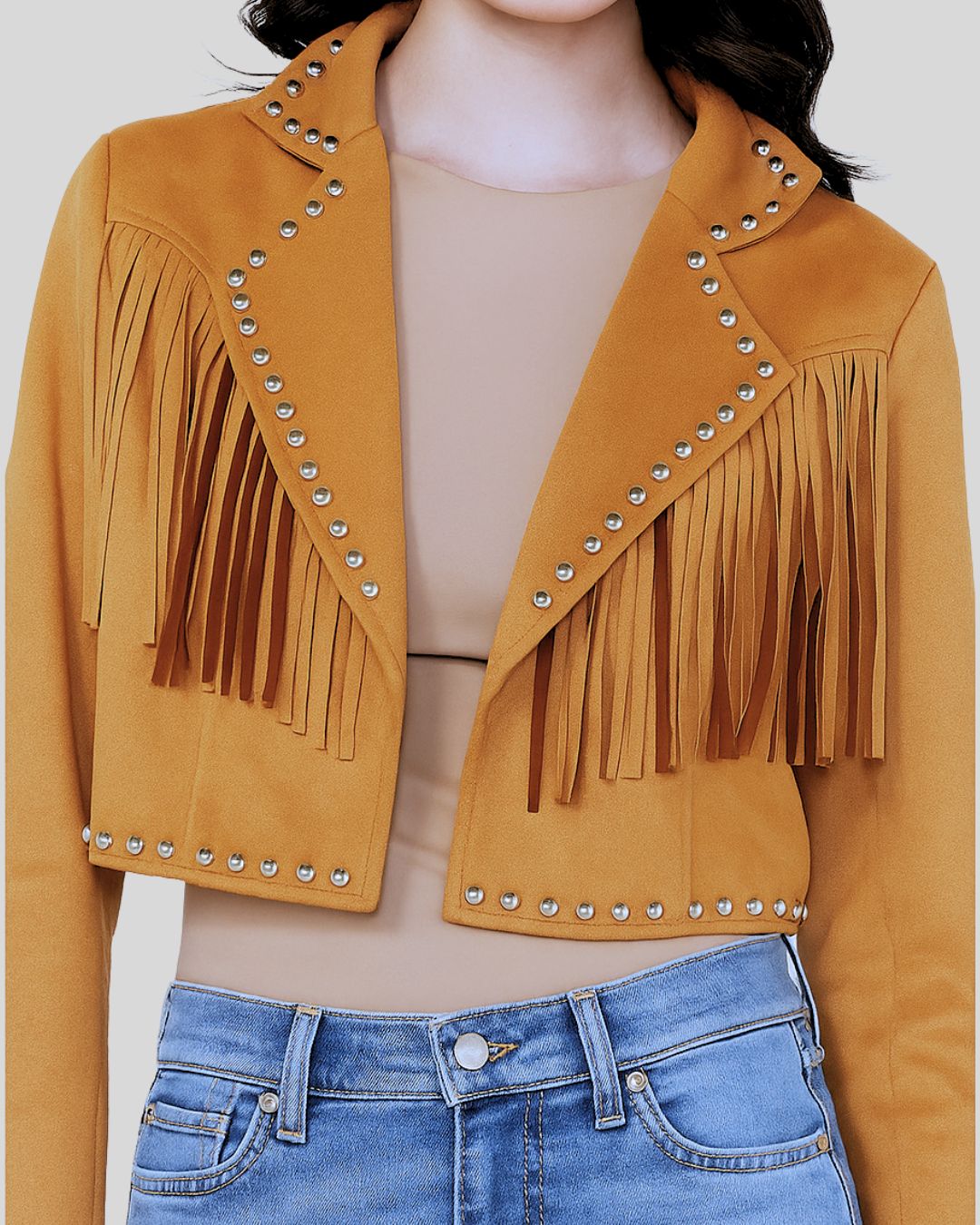 Full Outfit – Tan Cropped Suede Western Jacket with Fringe