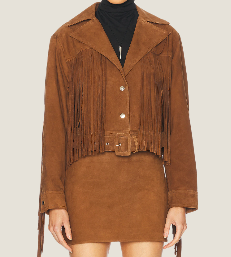 Brown suede jacket with fringes on a plain background