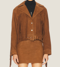 Brown suede jacket with fringes on a plain background
