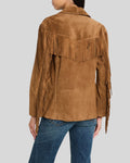 Back view of a suede fringe jacket with yoke fringe detail and extended sleeve fringe.
