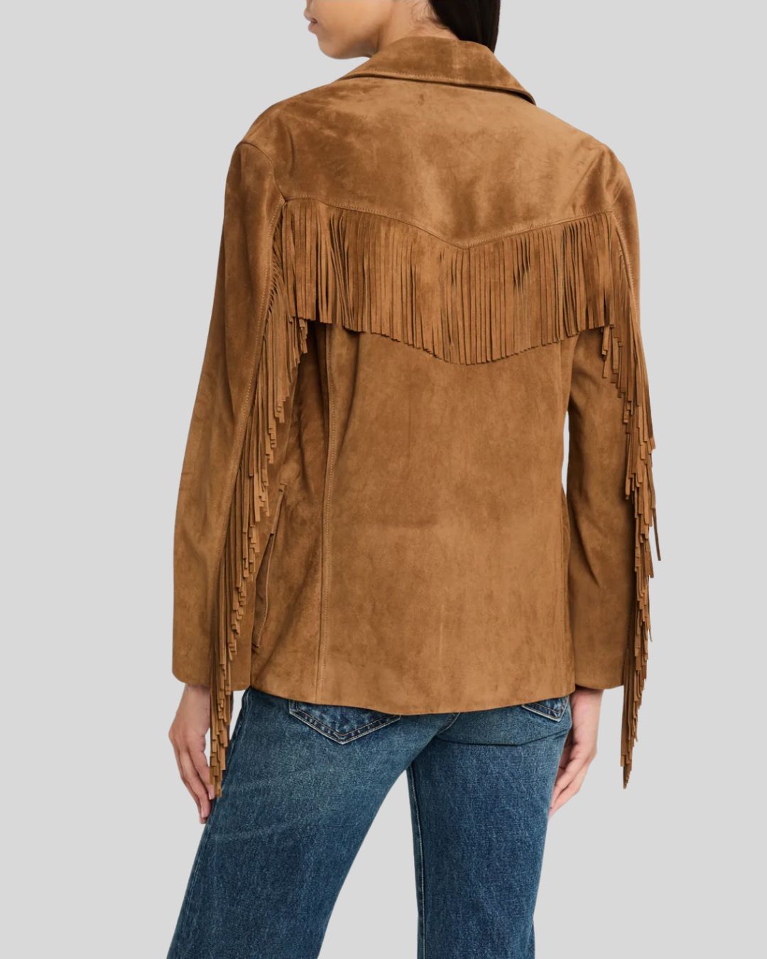 Back view of a suede fringe jacket with yoke fringe detail and extended sleeve fringe.
