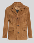 Front view of a tan suede fringe jacket with flap pockets and long sleeves.
