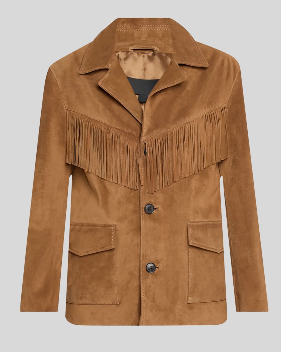 Front view of a tan suede fringe jacket with flap pockets and long sleeves.
