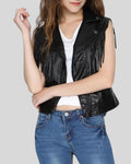 front view of womens black fringe moto vest with lapel collar