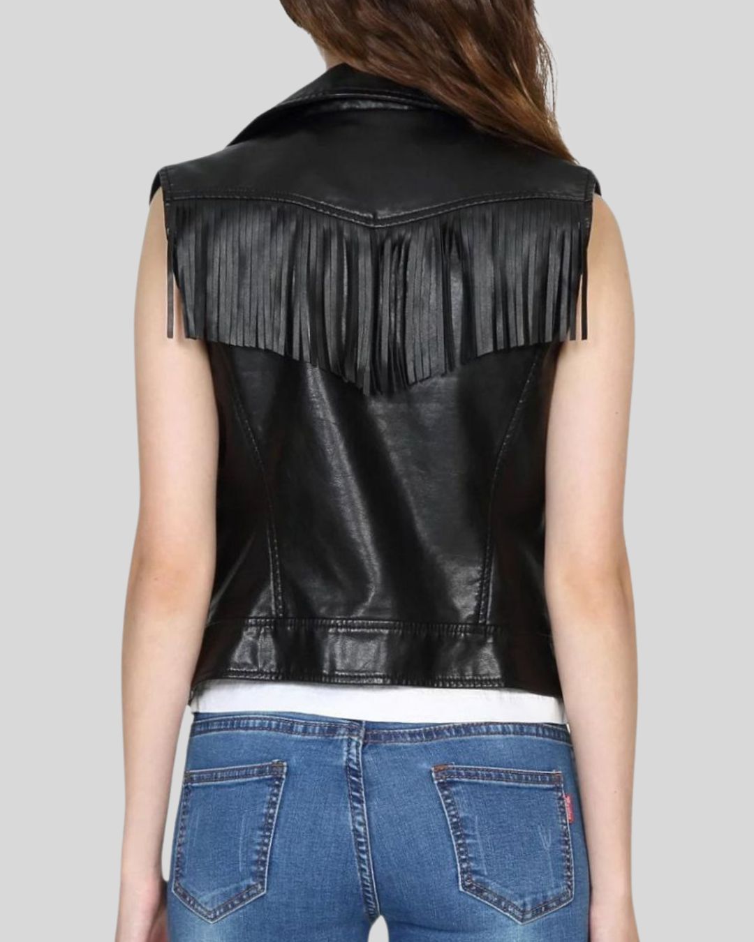 dakota whisper black fringe vest back detailing