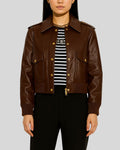 Women’s dark brown cropped leather jacket styled with striped shirt