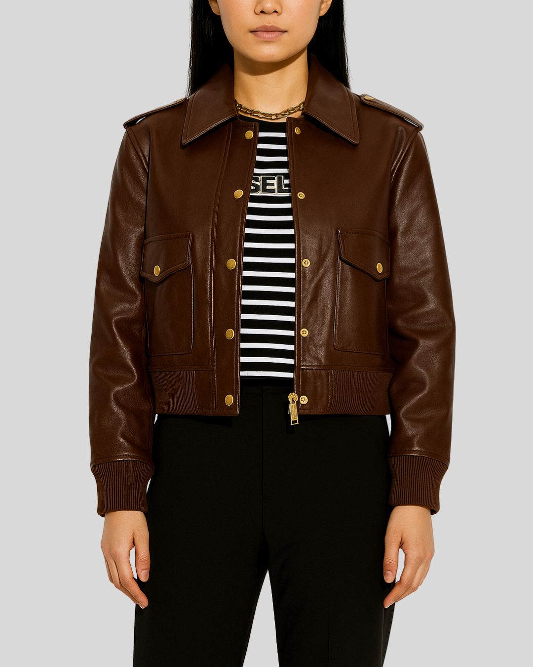 Women’s dark brown cropped leather jacket styled with striped shirt
