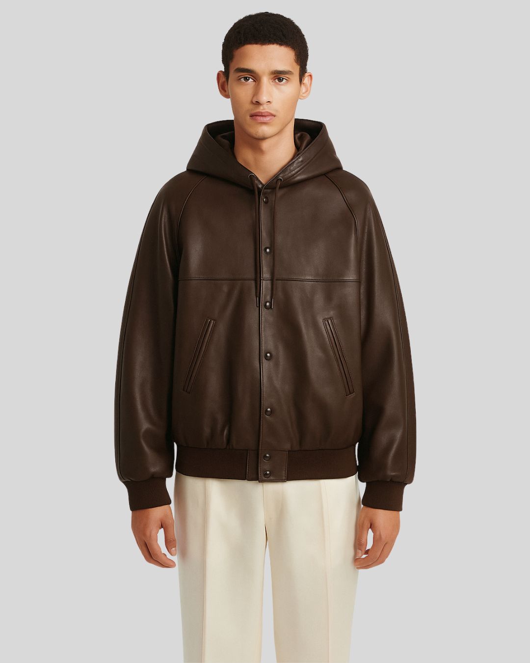 Front view of dark brown leather bomber jacket with hood
