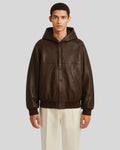 Front view of dark brown leather bomber jacket with hood
