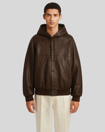 Front view of dark brown leather bomber jacket with hood