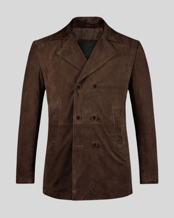 Front view of dark brown suede double-breasted blazer
