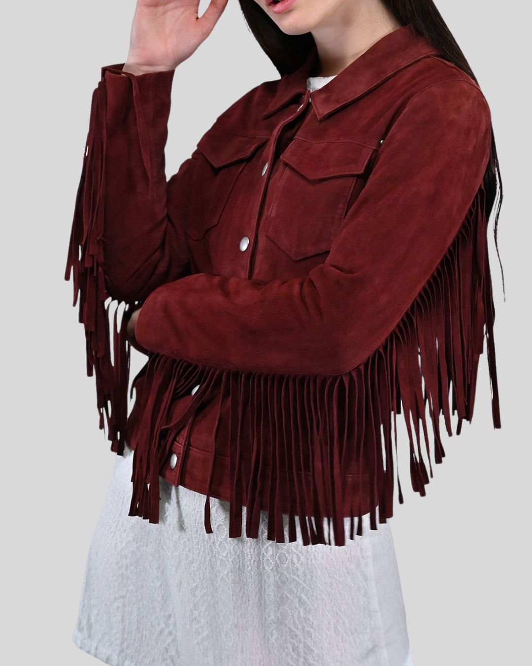 Desert Rouge Burgundy Suede Trucker Fringe Jacket