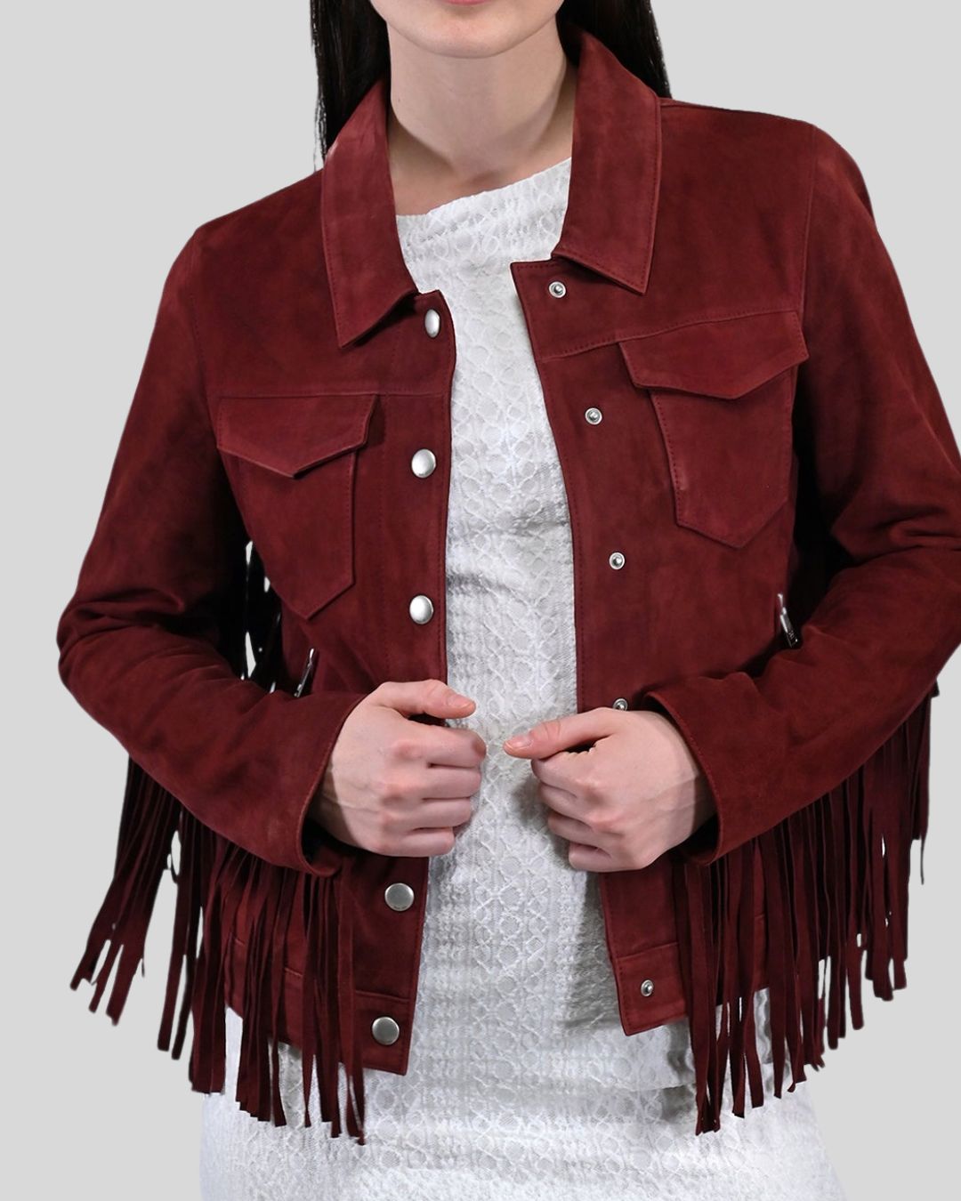 Desert Rouge Burgundy Suede Trucker Fringe Jacket