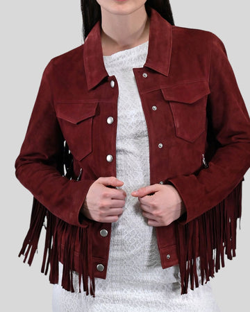 Desert Rouge Burgundy Suede Trucker Fringe Jacket