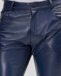  close-up of button and waistband – navy leather pants – Midnight Stride
