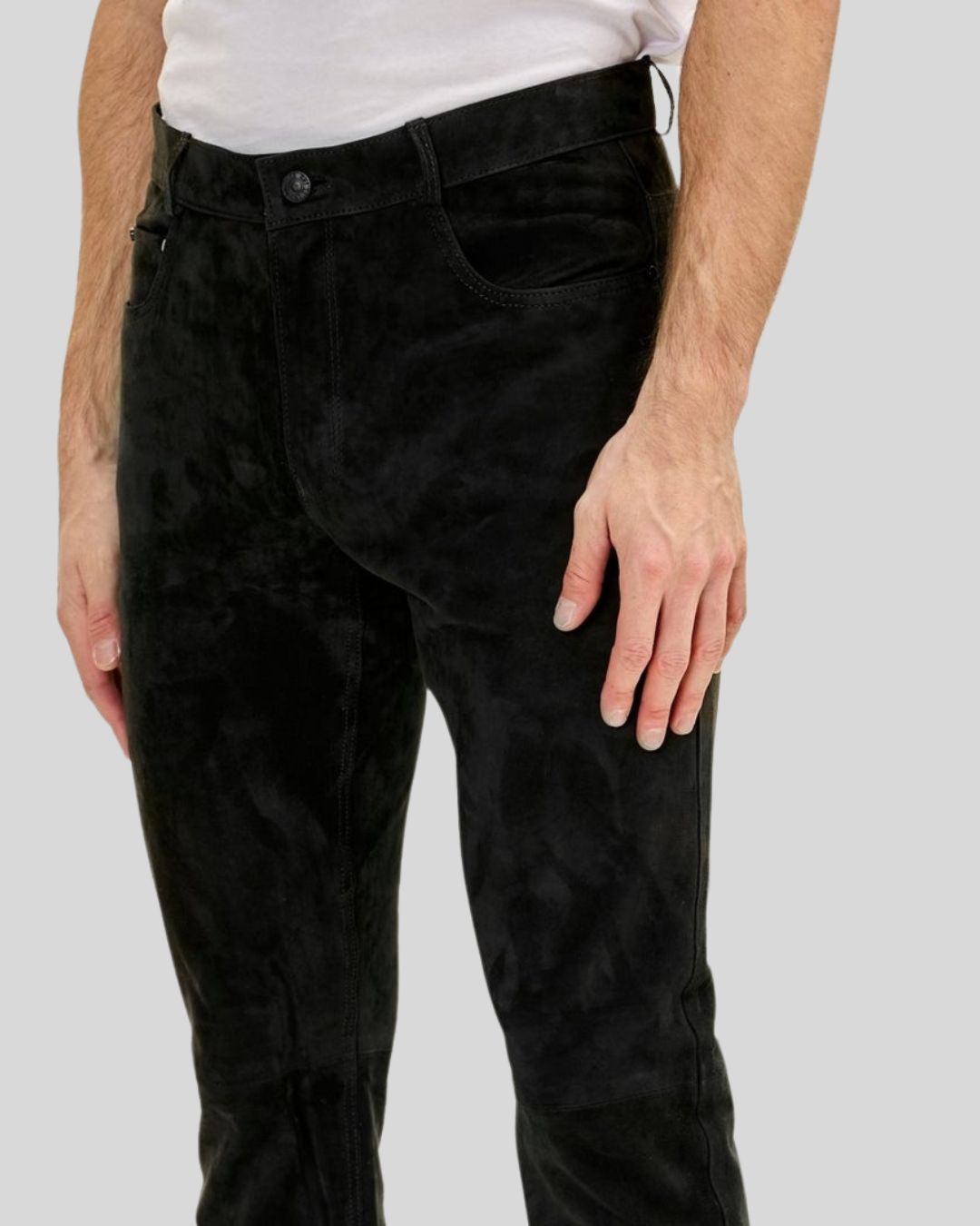 close-up of waistband and suede finish on Noir Depth pants