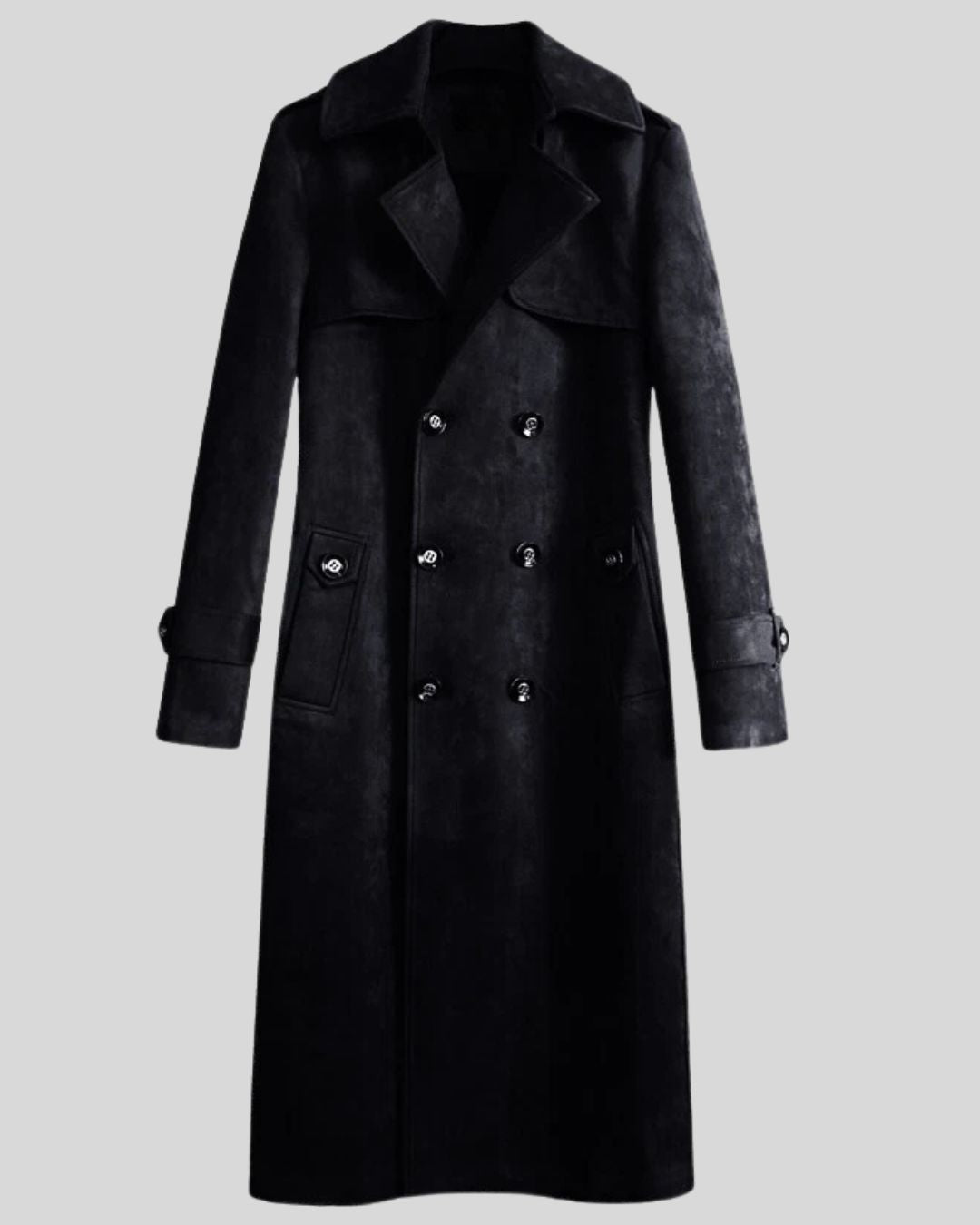 Front view of black suede long coat for mens