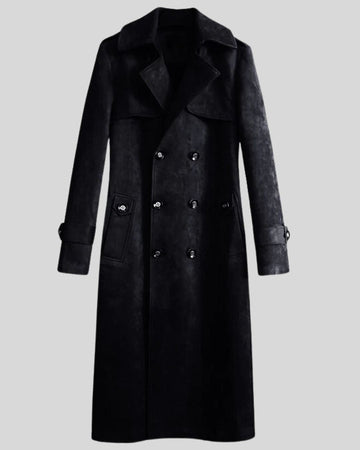 Front view of black suede long coat for mens