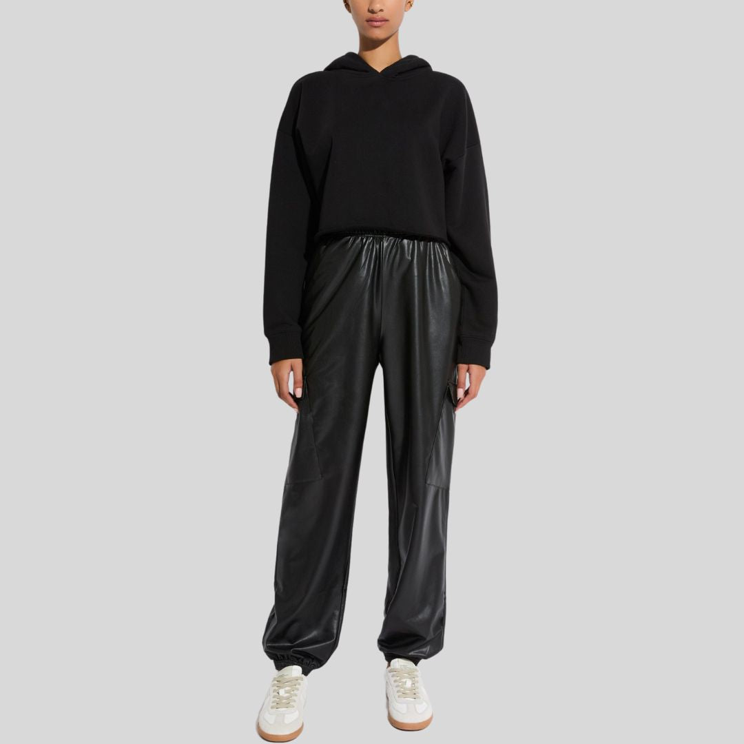 front view of Eclipse Cargo black leather joggers pants