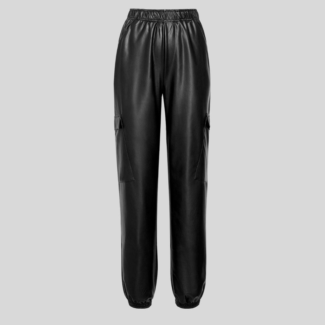 flat lay of Eclipse Cargo black leather joggers pants