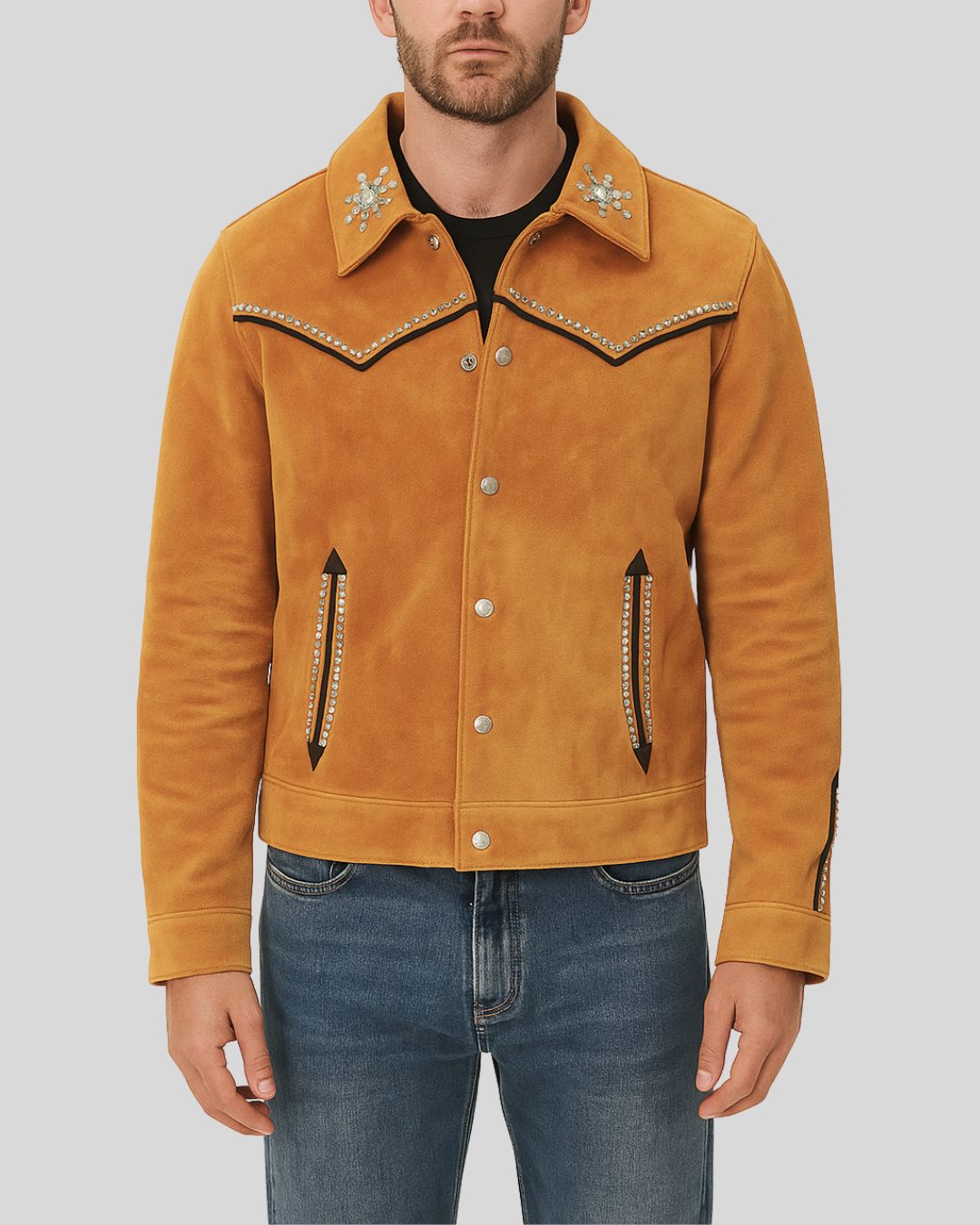 Front view of tan embellished cowboy suede jacket for men with silver studs