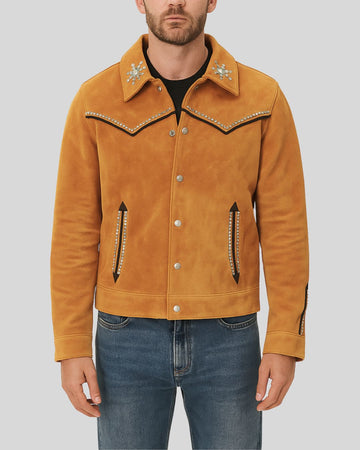 Front view of tan embellished cowboy suede jacket for men with silver studs
