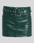 front view of womens green leather mini skirt with belt without model